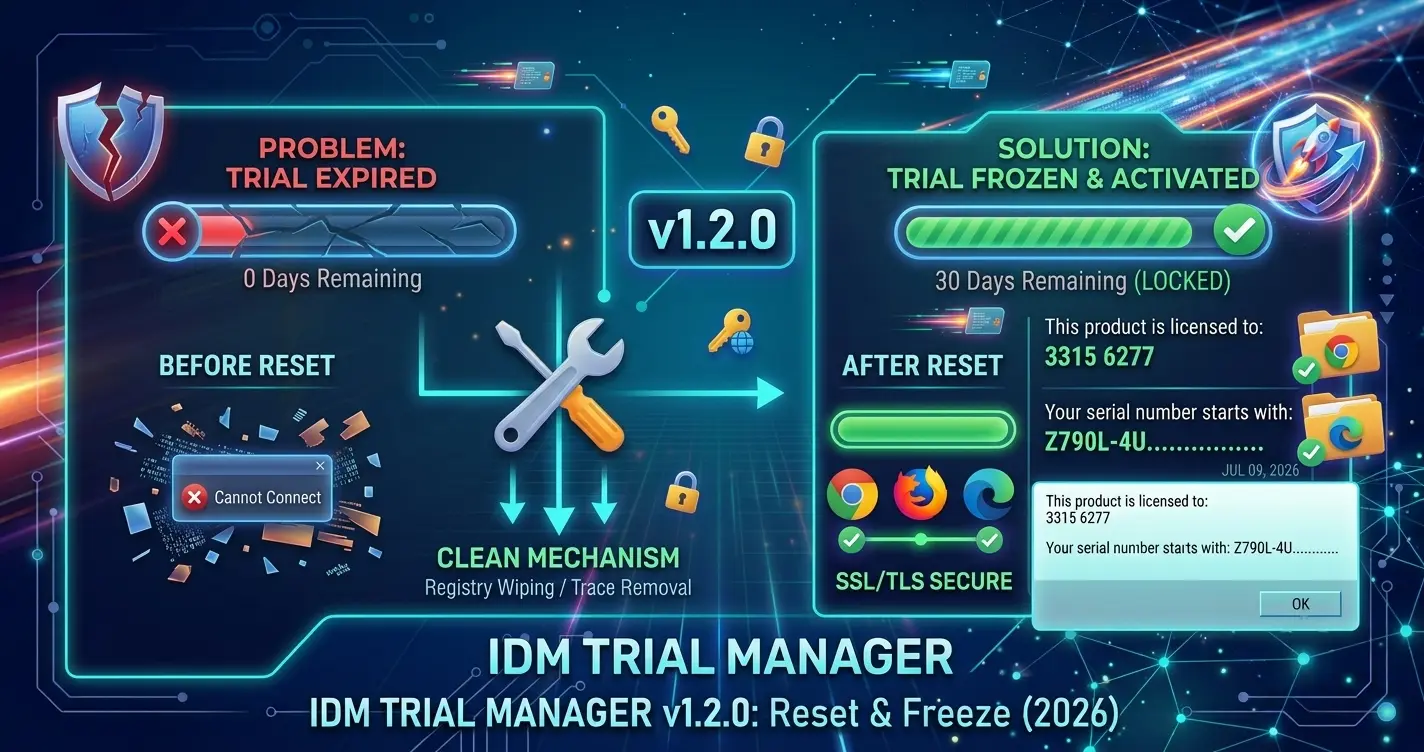 كيفية إعادة ضبط تجربة IDM بعد 30 يوماً: مدير تجربة IDM الإصدار 1.2.0 (تعليمي 2026) - دليل إعادة ضبط تجربة IDM 2026 - تحميل مجاني لـ IDM Trial Manager
